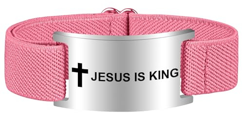 Pmormyy Bible Verse Cross Bracelet for Women Men, Christian WWJD Jesus is King Jewelry Gift Adjustable Bracelet Pink Jesus is King