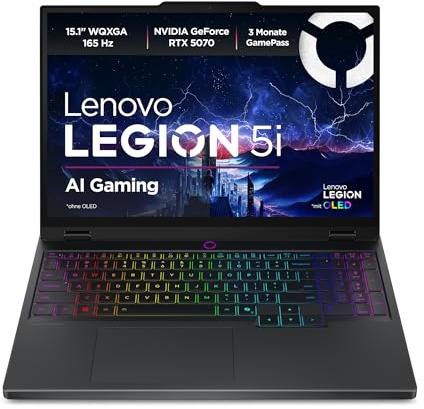 Lenovo Legion 5i 15IRX10 Gaming AI Laptop | 15.1 WQXGA 165Hz OLED Display | NVIDIA GeForce RTX 5070 | Intel Core i7-13650HX | 32GB RAM | 1TB SSD | Win11 | QWERTZ | Eclipse Black | 3 Monate GamePass