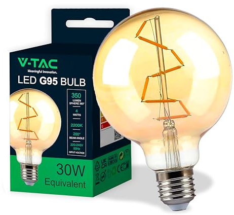 V-TAC Lampadina LED Filamento Vintage Ambrato - Globe G95 - E27-4W (Equivalenti a 30W) - 350 Lumen - Lampadine Retrò - Massima Efficienza e Risparmio Energetico - 2200K Bianca Calda