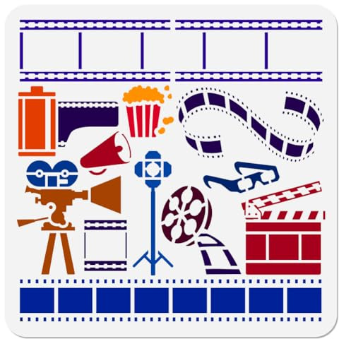 DOODLREAM Movie Projector Cinema Wall Stencil Template 30 X 30 CM Popcorn Film Reusable Plastic Stencils for Painting on Wood Wall Fabric Glass Furniture Painting DIY Home Decor or Craft Stencil