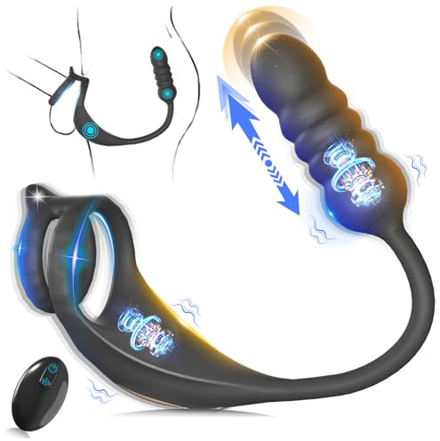 Thrusting Prostate Massager Sex Toy with Vibrating Cock Ring Taint Stimulator, Male Anal Dildo Vibrator Kinky Adult Sex Toys Games, MXUXEN Remote Control Wearable Silicone Anal Butt Plug for Men