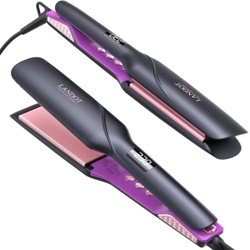 LANDOT Wide Hair Straighteners, Flat Iron Faster Styling Thick Coarse Hair | Ceramic Ionic Floating Plates, Sleek Smooth & Frizz-Free, 25s Fast Heat Up, Dual Voltage, 12 Temp 120-230C for All Hair Types