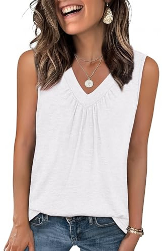 Zeagoo Ladies Tops Summer V Neck Vest for Women Pleated Sleeveless Tank Top Casual Blouse White XXL