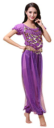 Haodasi Costume de danse du ventre pour femme avec maille + pantalons lanterne, déguisement professionnel de danseuse de carnaval, lilas, L