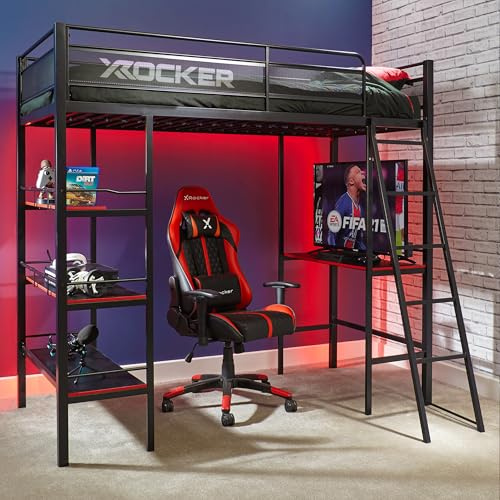 X-Rocker Fortress 3ft Single, High Sleeper Bunk Bed - 3 Shelves, Gaming Desk & PC Storage Shelf, Fixed Ladder, Sturdy Metal Frame for Kids & Teens - Black - 90x190cm