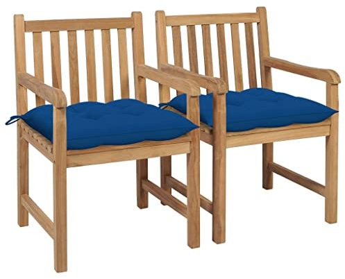 vidaXL Trädgårdsstolar 2 st med blåa dynor massiv teak