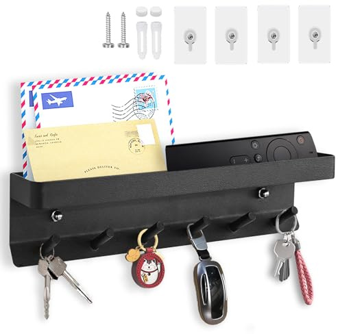 Echehi 6 Hooks Key Holder, Self Adhesive or Drilling 2 Ways Installation Wall Key Rack, Key Hooks Wall Mounted for Entrance Area, Kitchen, Office, Bathroom, Living Room. Black