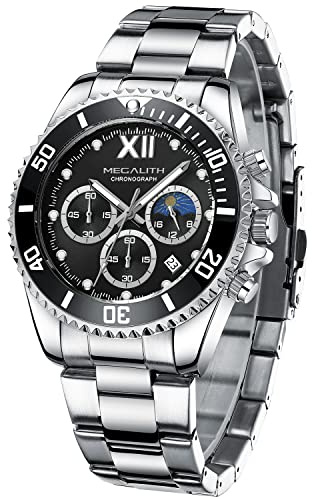 MEGALITH Mens Watches Chronograph Silver: Stainless Steel Wrist Watches for Men Moon Phase - Waterproof Luminous Quartz Watch with Date