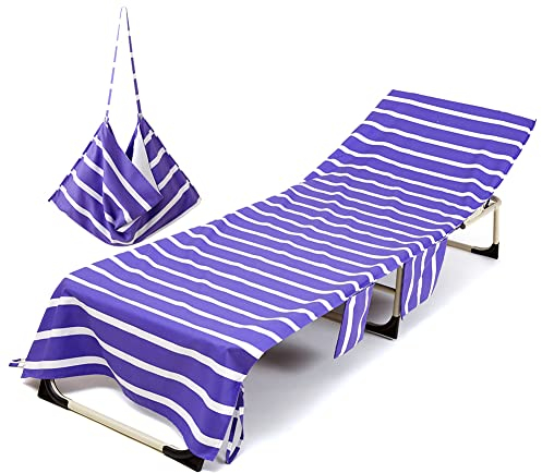 Morbuy Beach Chair Cover, Solid color Striped Lounger Bags with Pockets Sunbed Towels Fitted Microfiber Sun Lounger Towels for Summer Outdoor Pool Vacation Travel (Purple)