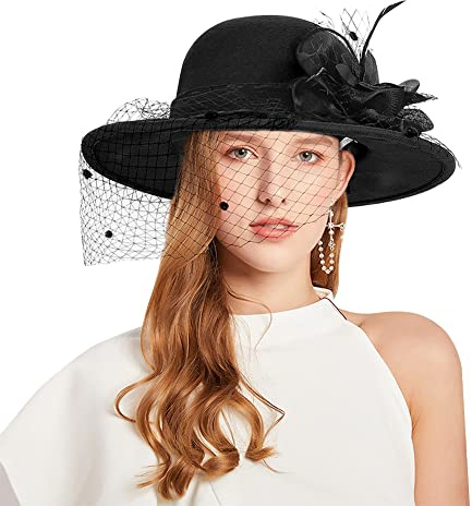 ITODA Womens Vintage Felt Fedora Hat Winter Floral Dome Hat Wide Brim Woolen Hat Bowler Hat Elegant Jazz Hat Casual Party Church Cap for Women Ladies, Bridal Wedding Tea Party Daily Wear