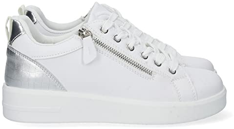 70433 Zapatilla Plana para Mujer, Talon de Color, con Estampado de Cocodrilo, Cierre de Cremallera y Cordones, Primavera Verano 2023 Plata Talla 39