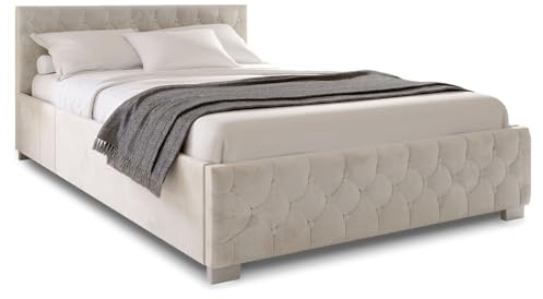 Juskys Polsterbett Nizza 180x200 cm Samt mit Stauraum, LED Beleuchtung & Lattenrost - Chesterfield Steppung & Kopfteil - Bett Bettgestell - Beige