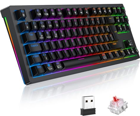 TECURS Gaming Tastatur - Mechanische Tastatur Kabellos Programmierbare 80% TKL QWERTZ mit Rote Schalter, RGB-Beleuchtung, Multimedia-Tasten, Mechanical Keyboard für PC/Mac/PS4/PS5, Schwarz