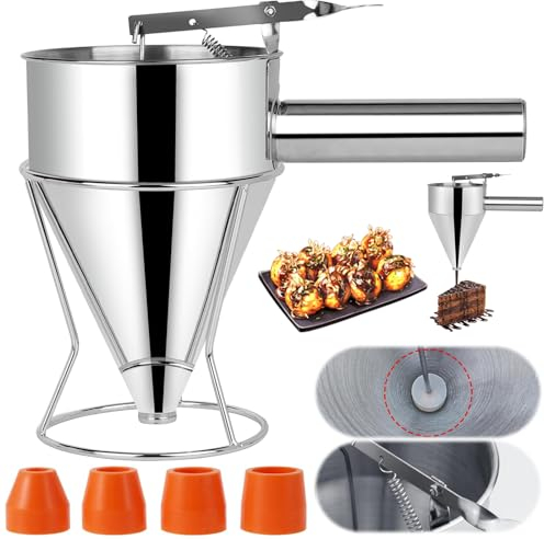 Bocguy Teigspender, Teigportionierer Edelstahl, 1200ml Edelstahl-Pfannkuchen-Spender mit Ständer und 4 verschiedenen Düsen, Teigportionierer für Pfannkuchen, Muffins, Waffeln, Cupcakes, Keks