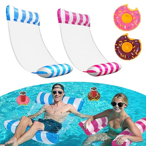 TAIHOBO Hamaca de Agua, 4 en 1 Hamaca Flotante Piscina, 2 Piezas Hamaca Agua Fácil de Llevar, Hamaca Hinchable Piscina con 2 Posavasos Inflables, Colchoneta Red Piscina para Adultos y Niños