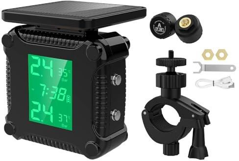 POFET Reifendruckkontrollsystem Motorrad TPMS Kabelloser Motorrad, USB-Aufladung Einstellbare Helligkeit Tpms Motorrad mit LCD-Display 2 Externen Wasserdicht Sensore Auto-Alarmsystem