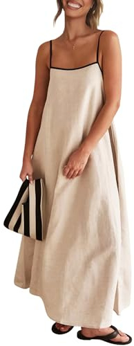 Senllen Women's Linen Dress Summer Loose Flowy Sundress Contrast Spaghetti Strap Sleeveless Backless Beach Maxi Long Dresses