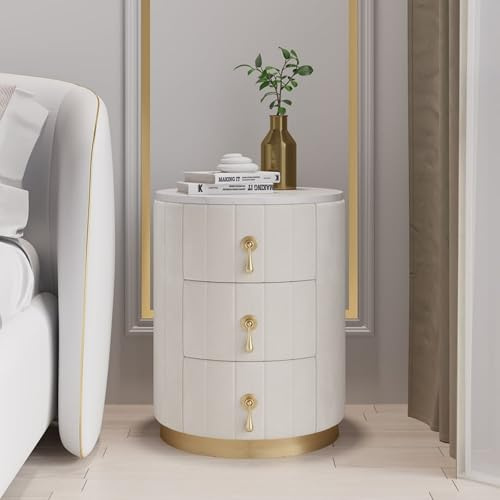 Homary Table de Chevet à 3 Tiroirs avec Dessus en Pierre Frittée, Luxe et de modernité (Blanc-Orbiculaire)