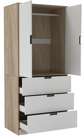 URBNLIVING 2 Door 3 Drawer Black White Oak Grey Modern Wardrobe Furniture with Clothes Hanging Rail Storage Shelf for Home Bedroom Organiser Unit H180cm x W80cm x D50cm