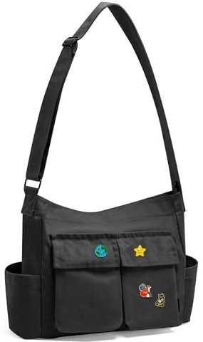 SKCOYH Canvas Messenger Bag for Women Men, Large Multi-Pocket Crossbody Bag, Lightweight Durable Design for School, College, Travel, Daily Commute(Black)