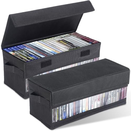 CCidea CD Storage Boxes - Pack of 2 CD Cases - 14 x 5.9 x 5.3 Disc Holders with Lids & Visual Window, Holds Up to 32 CDs in full jewel cases, 65 CDs in slim cases, and 180 discs in CD sleeves