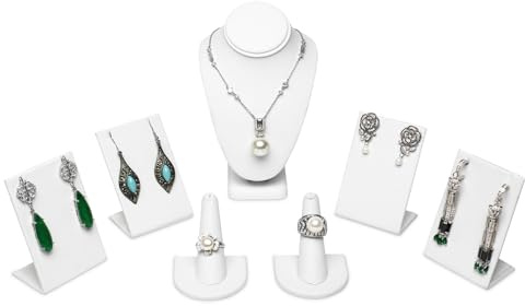 MOOCA 7 Pcs Jewelry Display Set, Necklace Display Bust, Earring Organizer, Ring Holder Stand for Showcase and Store, Premium White Faux Leather