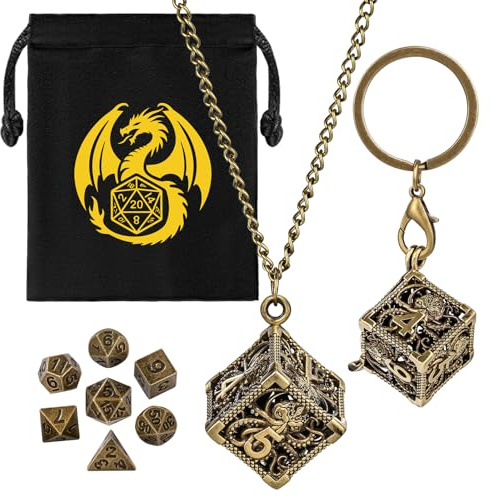 Mini Set de Dés DND avec Porte Clés Portable, Collier, Cage Creuse en D6 Pieuvre, Polyédrique en Métal de 7 Pièces Dés, Cadeaux D&D avec Sacs Cadeau, Accessoires de Jeux de Société de Rôle, Bronze
