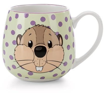 NICI Taza castor Harry Woodsnacker y rana Fridolin, 400 ml, porcelana, 8 x 9 cm, verde, para té y café, con asa, bebidas frías y calientes, 62287