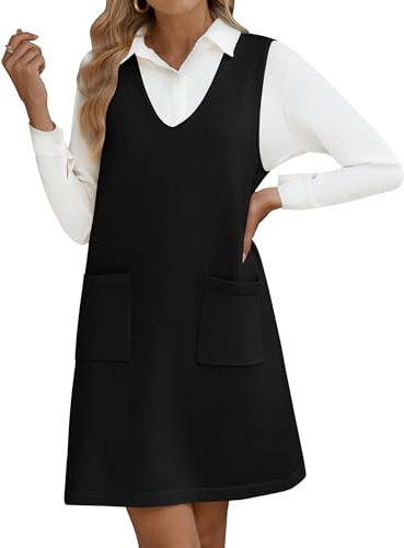 HOTOUCH Jumper Dress Women Sleeveless Sweater Vest Dress Casual V Neck Knit Fall Dresses Loose Knitwear with Pockets Black