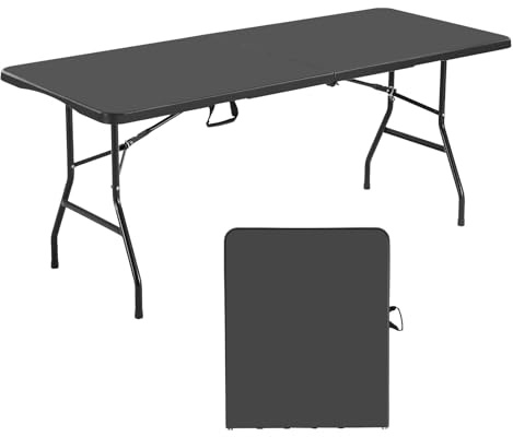 VEVOR Tavolo Pieghevole a Metà, Tavolo in Plastica Resistente Portatile e Rettangolare da 1800x740x740 mm, per Interni ed Esterni con Maniglia Integrata, per Feste, Cene, Picnic, Bianco