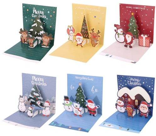 Gosknor 6pcs Cartes de Vœux de Noël 3D, Cartes Pop-Up avec Enveloppe et Autocollants Carte Vœux Colorées pour Fêtes Noël (6 Styles)