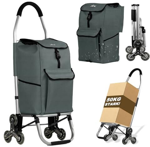 Shoppingvagn, HOMELUX vikbar, stabil shoppingvagn, stor kapacitet 41 L, multifunktionell, handvagn med hjul, avtagbar väska triangulära hjul, grå 246