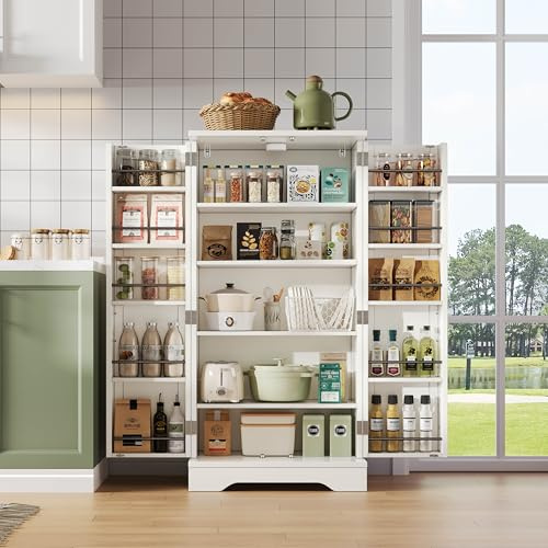 Lcoho Armario de cocina de 120 x 60 x 40 cm, con sensor LED, gran armario de almacenamiento de 2 puertas con estantes ajustables y estantes para puertas, adecuado para cocina, comedor o sala de estar