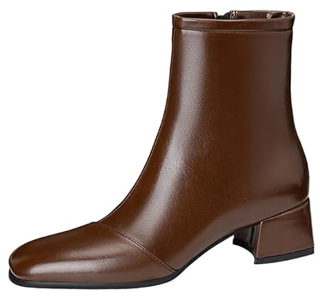 CuteFlats Botines para mujer con punta cuadrada, tacón de bloque de 4,5 cm con cremallera lateral, terciopelo sintético para oficina y uso diario, marrón, 37 EU