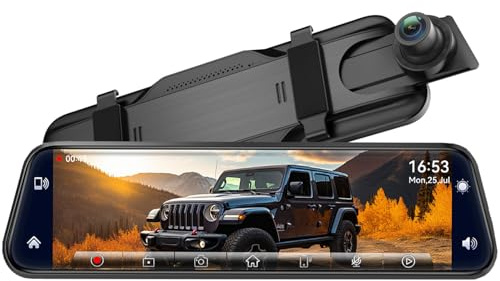 2.5K Mirror Dash Cam with Carplay&Android Auto,10 Rear View Mirror Camera for Cars/Trucks with Voice Control/ 64GB Card/Touch Screen/Parking Monitor/Reverse Assist/Dual Loop Record/WDR Tech