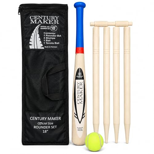 Almineez Rounders Set for Kids and Adults - 6 Piece Outdoor Garden Sports Kit with Lightweight 18 Inch Wooden Rounders Bat, 4 Stumps, Tennis Ball, Bail, and Mesh Carry Storage Bag