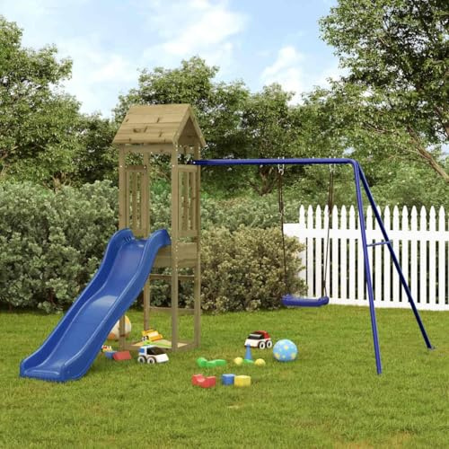 YunCangg Torre de juegos de madera de pino impregnada con tobogán ondulado y columpio individual, juguete de jardín para niños, incluye caja de arena, marco de escalada estable para parque infantil al