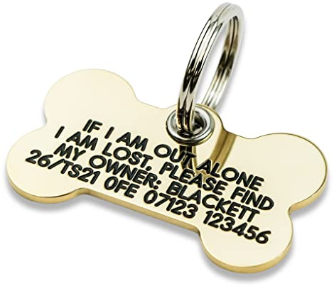 Engraved Dog tag, Deeply Engraved, Reinforced Solid Brass Bone Dog tag