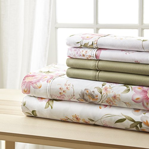 Spirit Linen home SL EST. 1988 - Queen Sheets, Super Soft Traditional Home Microfiber Bedding Set, Lightweight Home Decor & Ideal for All Seasons, Queen, Pink/Green Floral