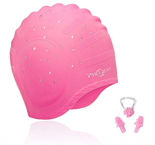 PHELRENA Swimming Cap Waterproof Premium Silicone Solid Long Hair Earmuffs Swim Cap Flexible Reversible for Adults Kids Women Men, Keeps Hair Clean Ear Dry, Free with Nose Clip and Ear Plugs