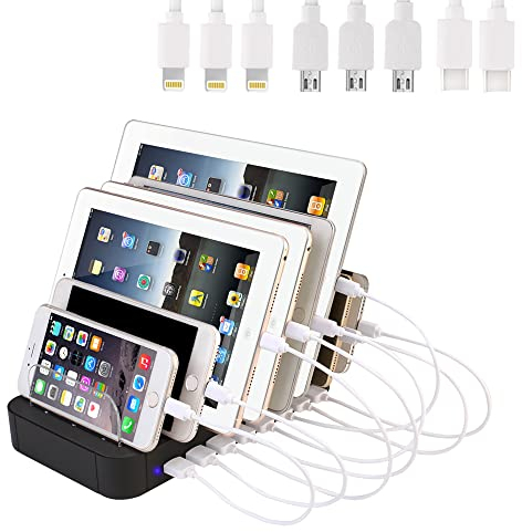 Evfun Estación de Carga USB, Base de Carga 8 Puertos Cargador Smartphone Tablets (Incluido 8 Cables de Carga)