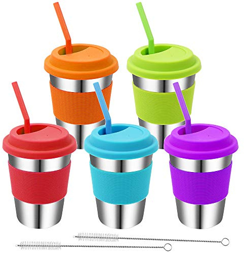 Rommeka Stainless Steel Kids Cups, 5 Pack Colorful Drinking Tumbler Sippy Cup with Silicone Lids and Straws Metal Mugs for Toddlers, Children and Adults - 12oz