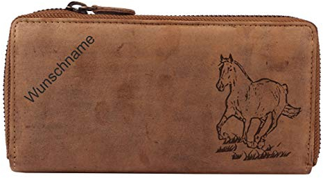 Greenburry Vintage Leder Damen Geldbörse Portemonnaie inkl. Wunschname und Pferde Motiv Braun 19x10x2,5cm