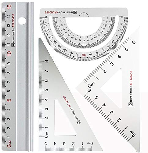 Escala Regla Metalica Juego 15cm-Rodmaie juego de reglas escolar técnico de 4 piezas,reglas escolares herramienta de geometría matemática, transportador, regla metalica