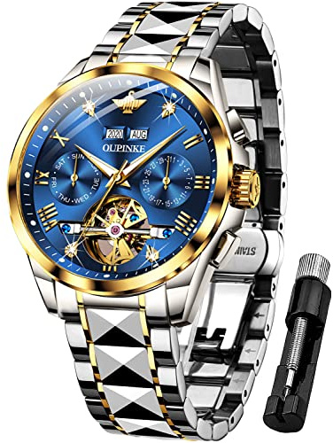 OUPINKE Herrenuhren Automatik Blau Mechanisch Skelett Luxus Saphirkristall Diamant Wolframstahl Wasserdicht Business Kleid Uhren Geschenke