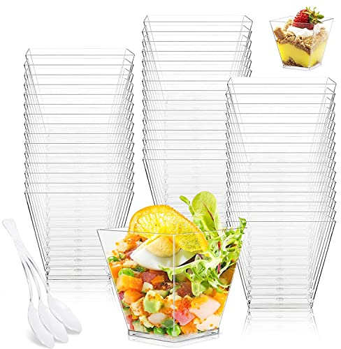 Set di 50 Tazze da Dessert da 60 ml con Cucchiai, Mini Bicchieri di Plastica, Ciotole Riutilizzabili, Coppette per Casa, Picnic, Feste