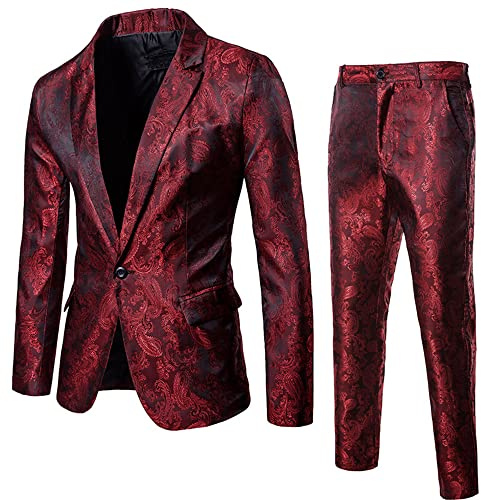 Blazer Homme Costume Homme Brillant Boîte De Nuit Une Boucle Ensemble Costume Homme Printemps Et Automne Nouveau Costume Homme Ensemble Deux Pièces A-Red 3XL