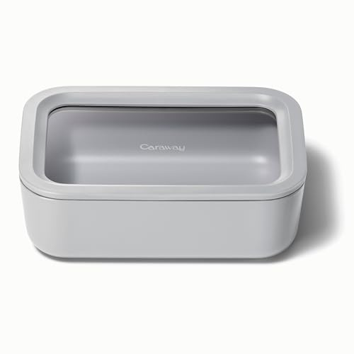 Caraway Glass Food Storage - 6.6 Cup Square Container, Ceramic Coated, Non Toxic, Non Stick Lunch Box with Glass Lid - Dishwasher & Oven Safe - Gray