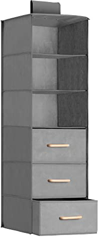 Navaris Organizzatore per Armadio 35 x 30 x 108 cm - Organizer da Appendere 6 Ripiani 3 Cassetti - Portaoggetti - Guardaroba Interno Pieghevole - Legno di Faggio - Grigio