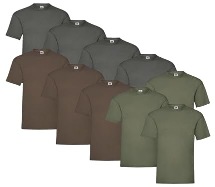 Fruit of the Loom 10 T Shirts Heavy Cotton M L XL XXL Diverse Farben auswählbar, Farbe:4X Graphit + 3X Schoko + 3X Olive + 1 HL Kauf Notizblock, Größe:XXL